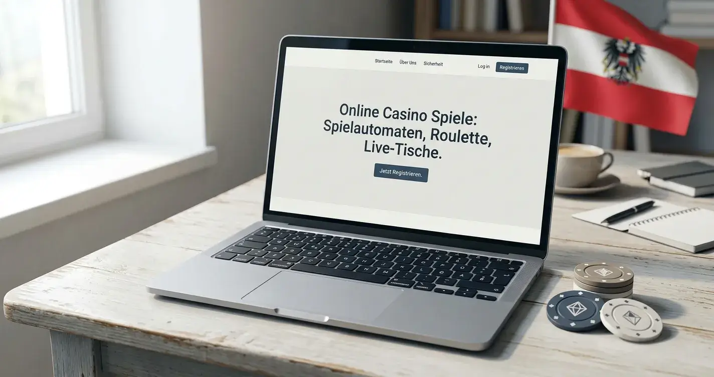 Laptop auf einem modernen Schreibtisch mit österreichischer Flagge und neutralen Casino-Symbolen im Hintergrund