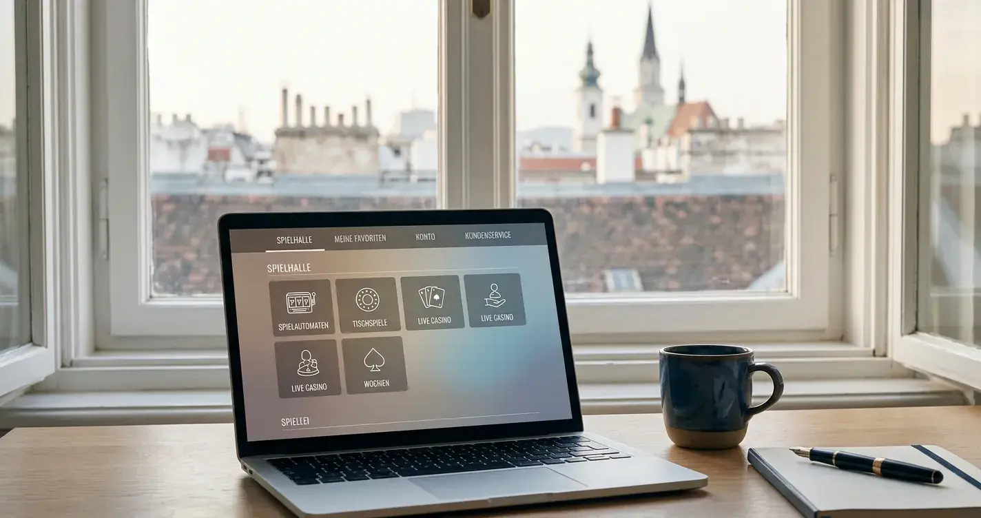 Laptop mit neutralem Casino-Interface auf einem Schreibtisch vor Wiener Stadtkulisse