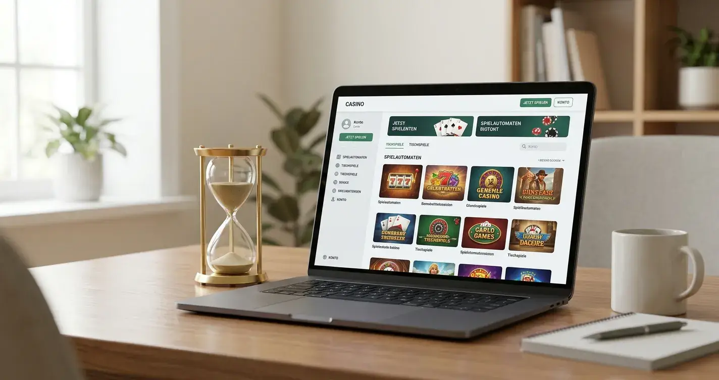 Laptop mit neutraler Casino-Oberfläche und Sanduhr auf einem hellen Schreibtisch