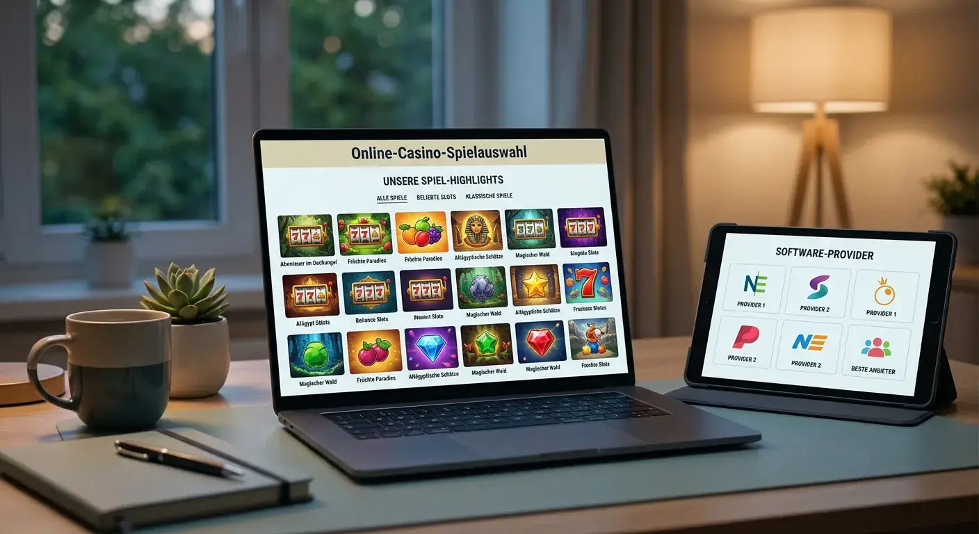 Laptop mit Casino-Spielbibliothek und Anbieter-Logos auf Tablet