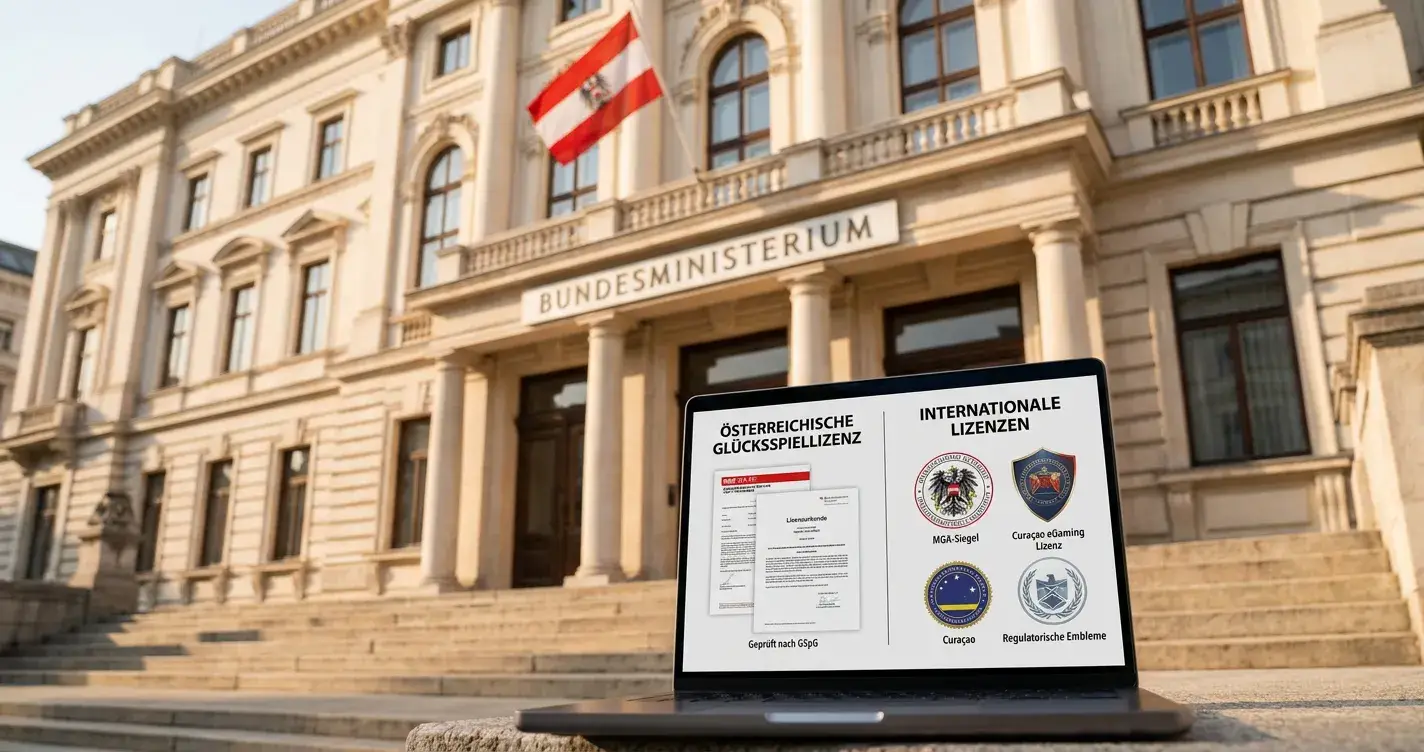Österreichisches BMF-Gebäude mit Laptop zeigt internationale Casino-Lizenzen