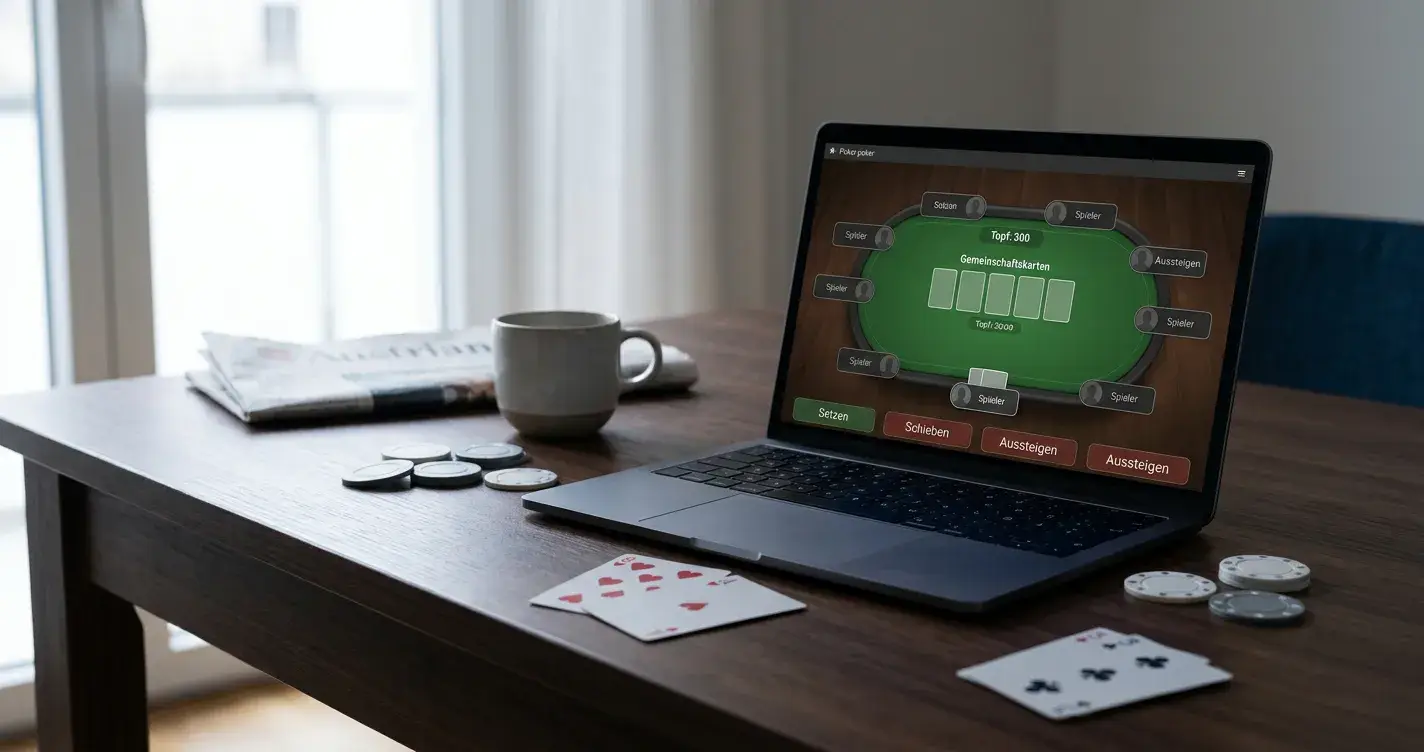 Pokerraum mit Laptop und neutralen Spielkarten für österreichische Spieler