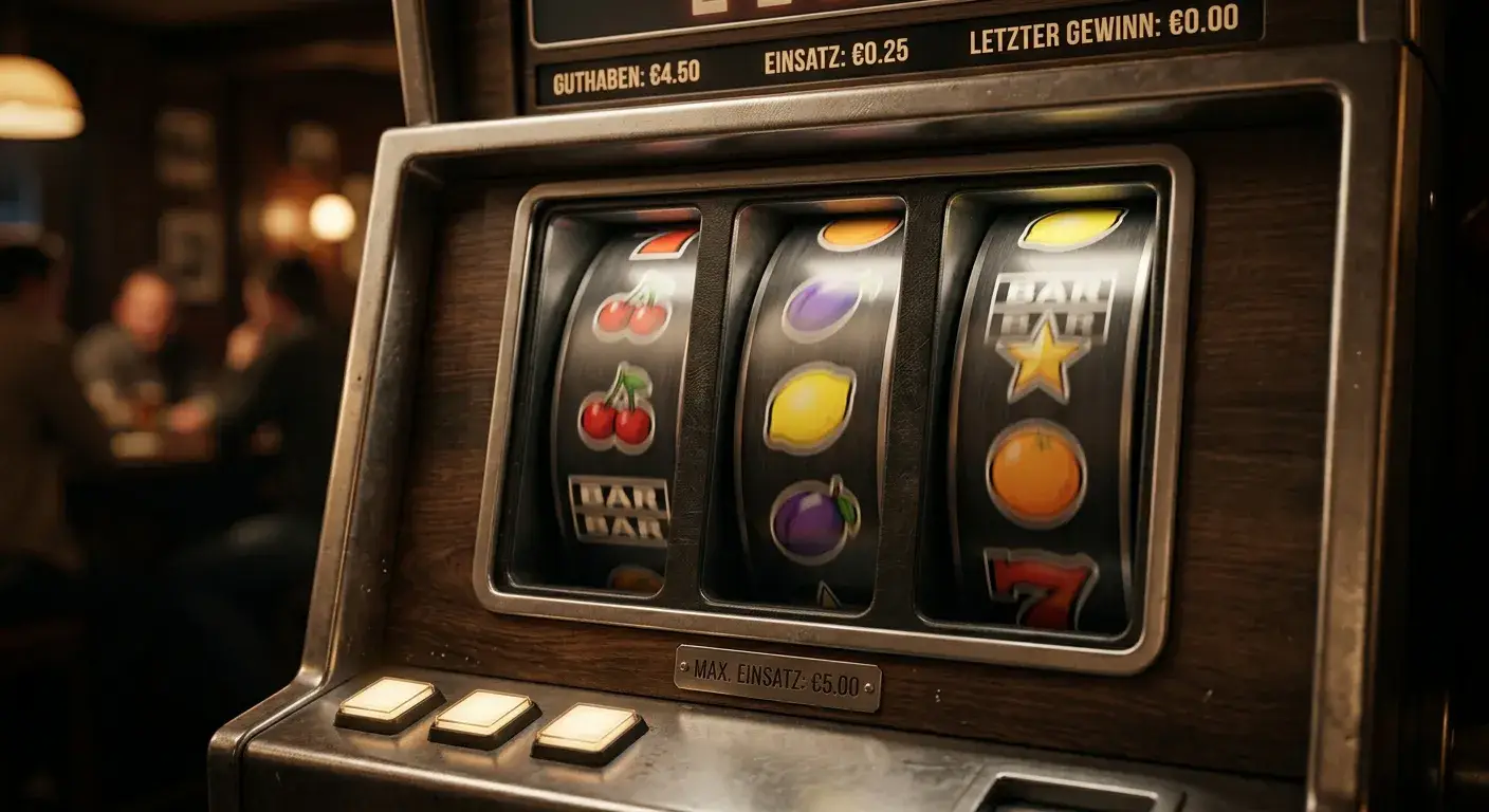 Close-up auf rotierende Walzen eines generischen Spielautomaten mit neutralen Fruchtsymbolen