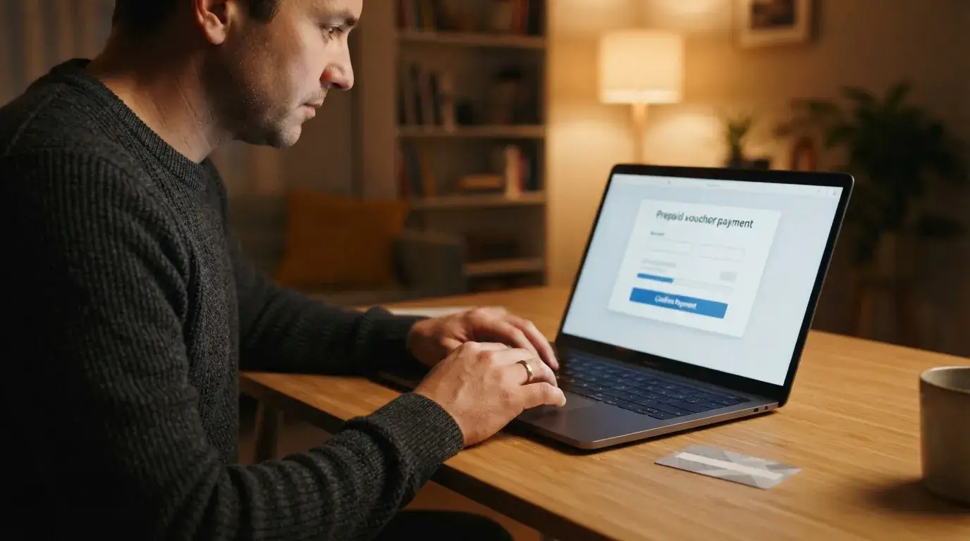 Person prüft eine digitale Paysafecard-Zahlung am Laptop