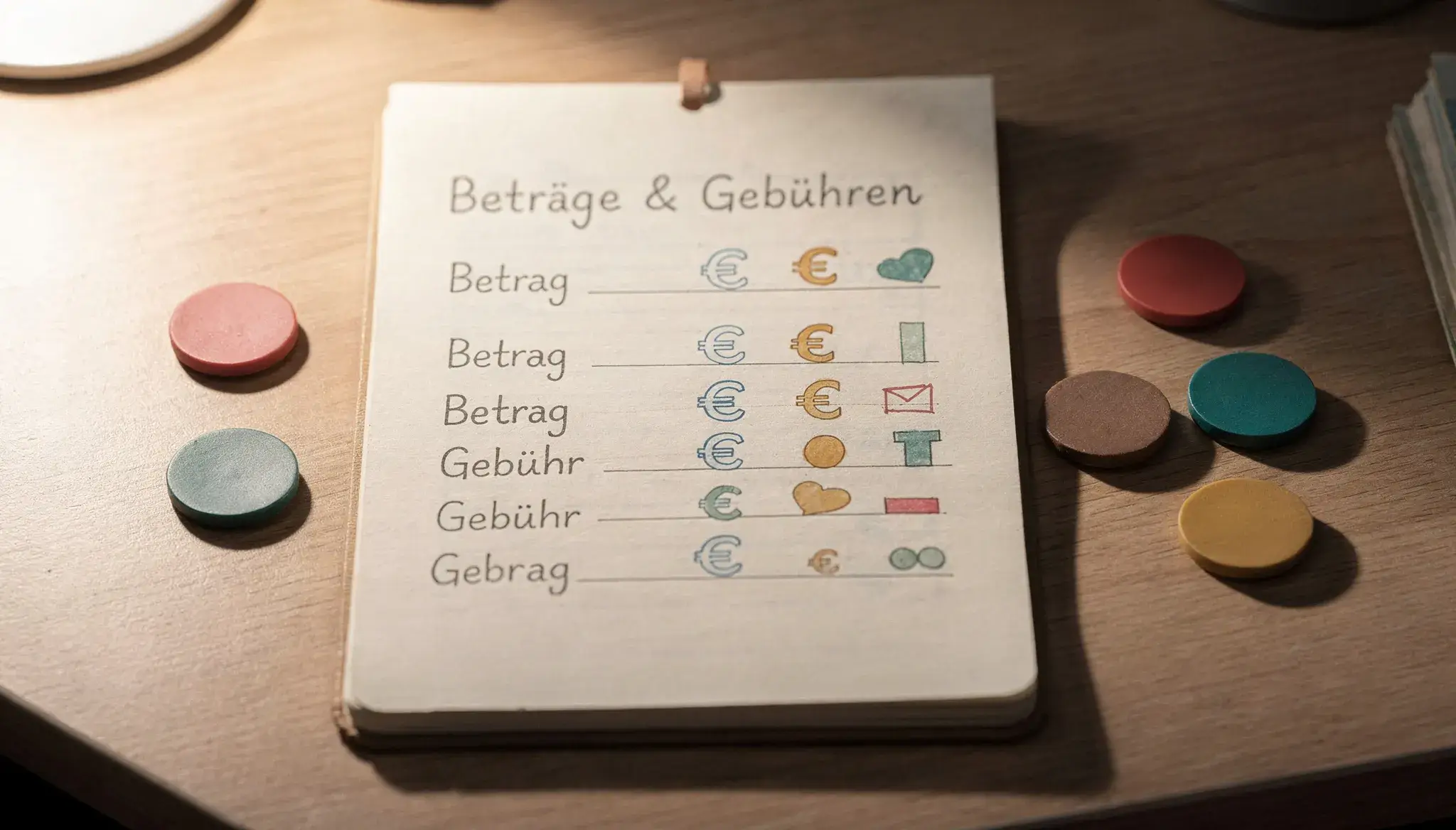 Übersicht zu Voucher-Beträgen und Gebühren mit Symbol für Euro und Guthaben