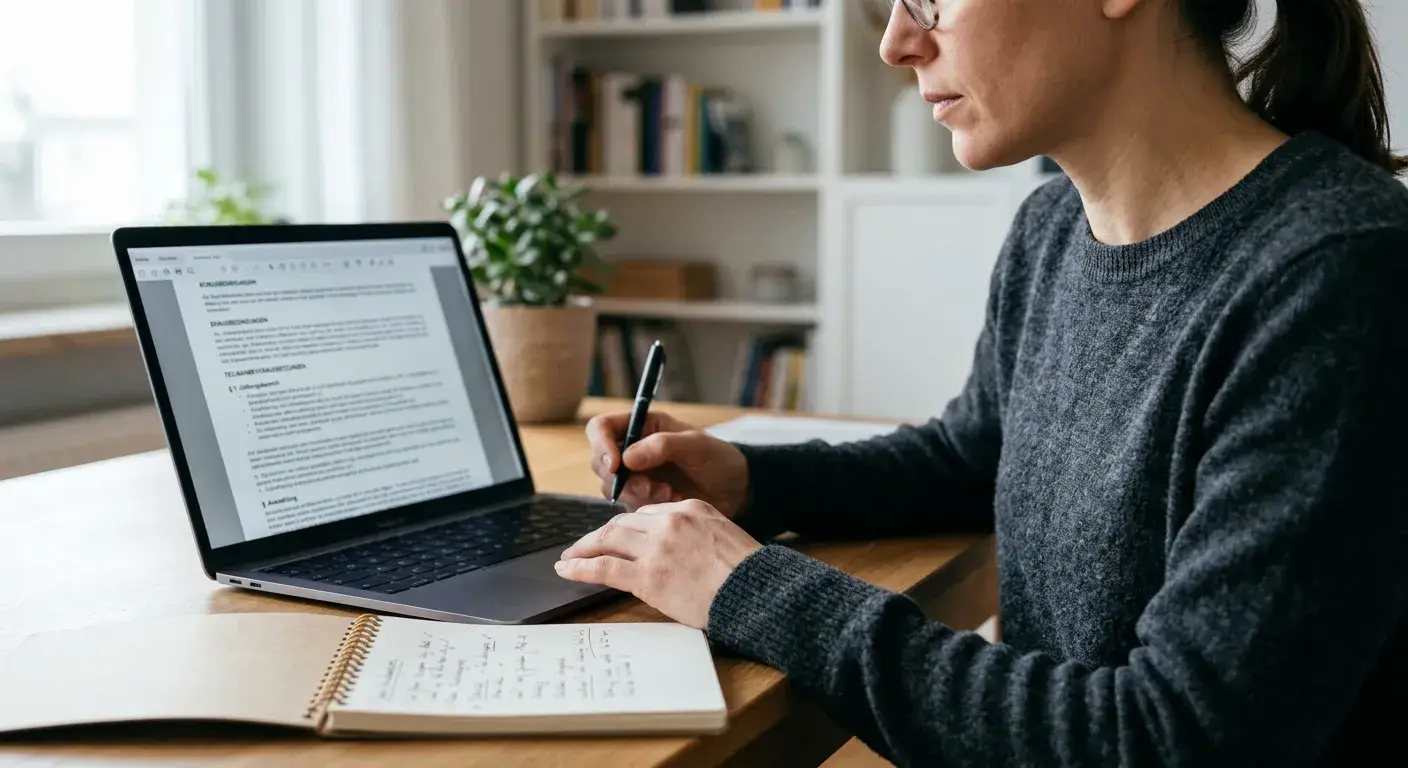 Erwachsene Person prüft neutrale Bonusbedingungen am Laptop mit Notizbuch