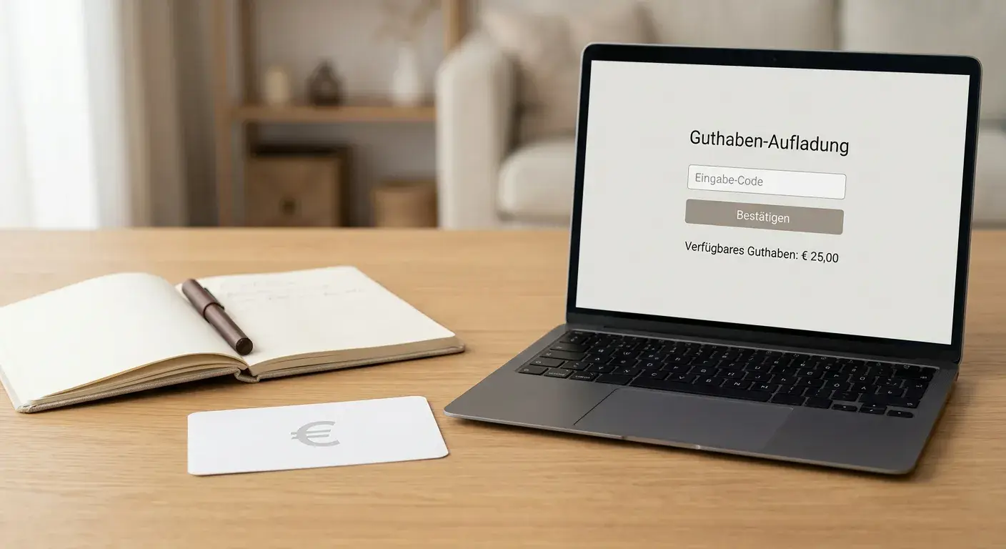 Paysafecard-Einzahlung neben neutralem Laptop und Auszahlungsformular