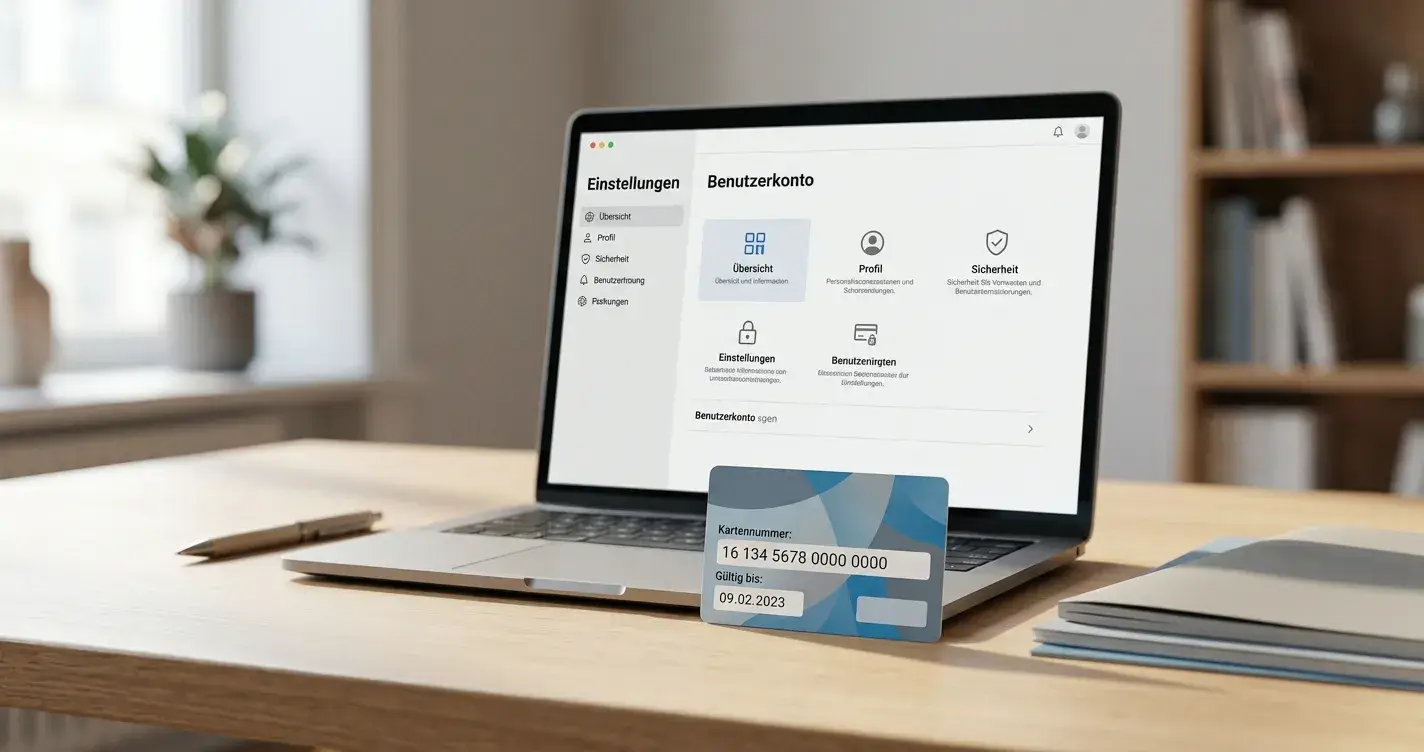 Paysafecard-Voucher und Laptop auf einem Schreibtisch mit neutralem Hintergrund