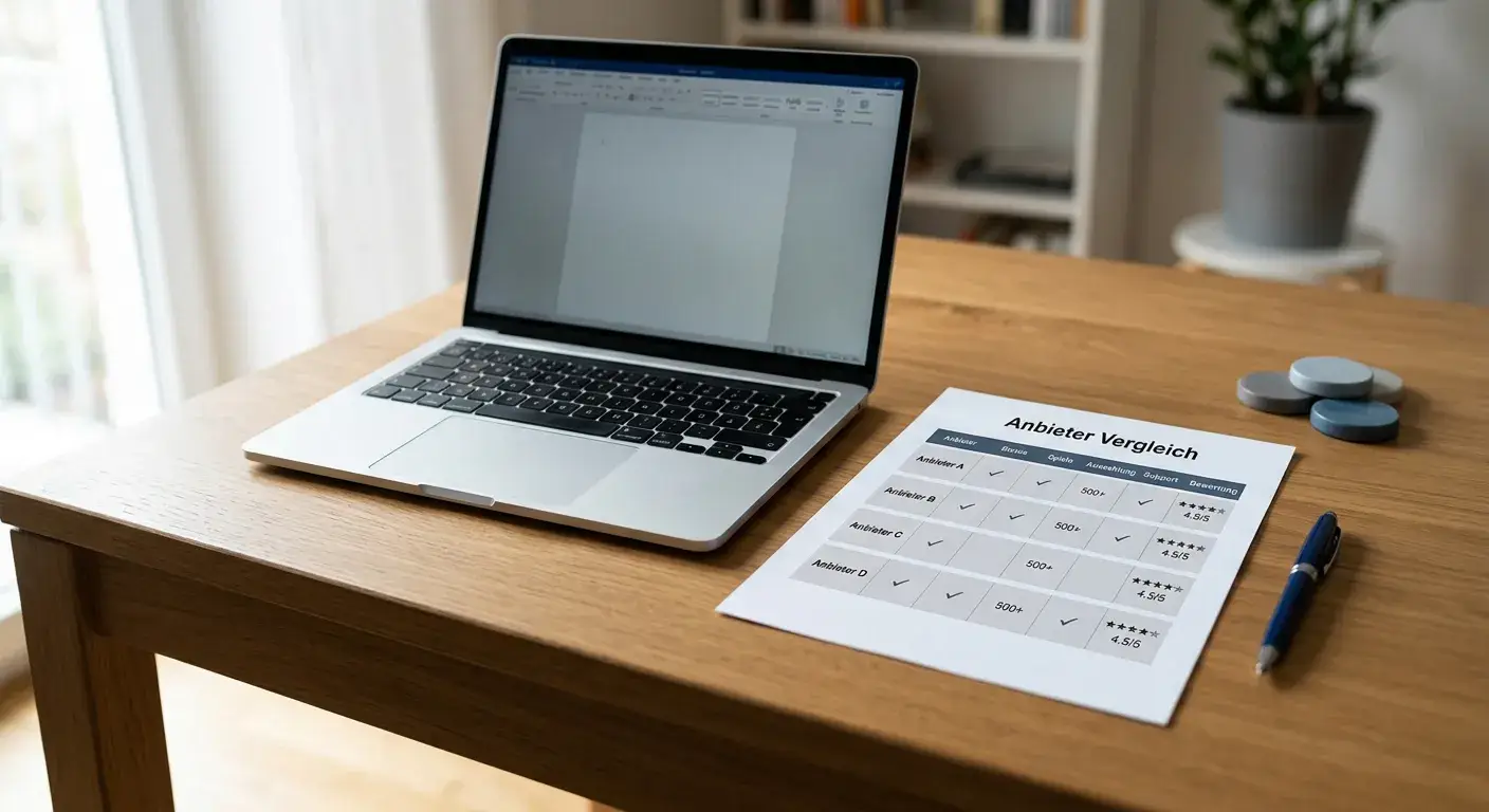 Laptop mit neutraler Anbieterübersicht und Vergleichsnotizen
