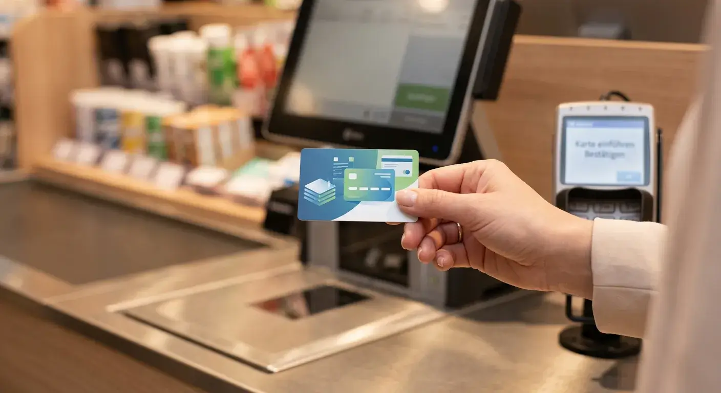 Hand, die einen Prepaid-Voucher an einer Trafik-Verkaufsstelle hält