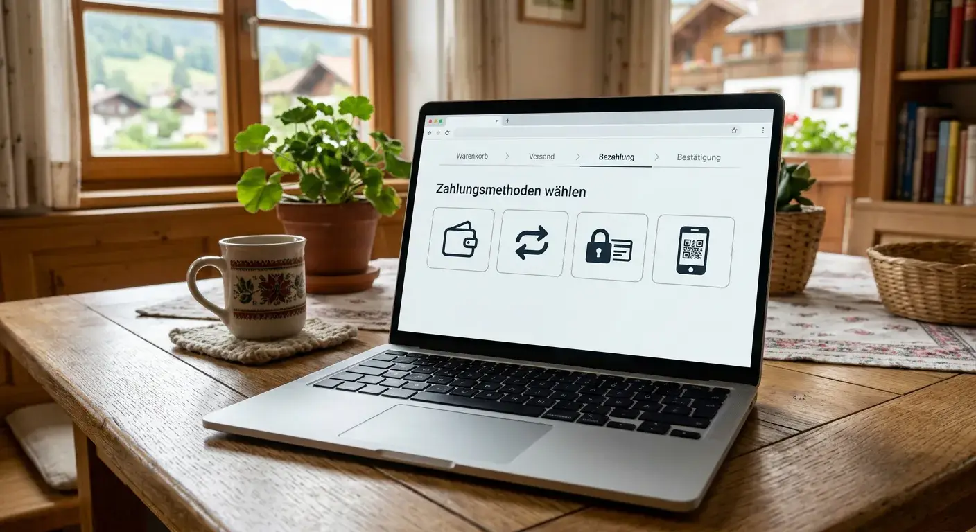 Laptop mit neutralen Symbolen für digitale Zahlungsmethoden ohne Markenlogos