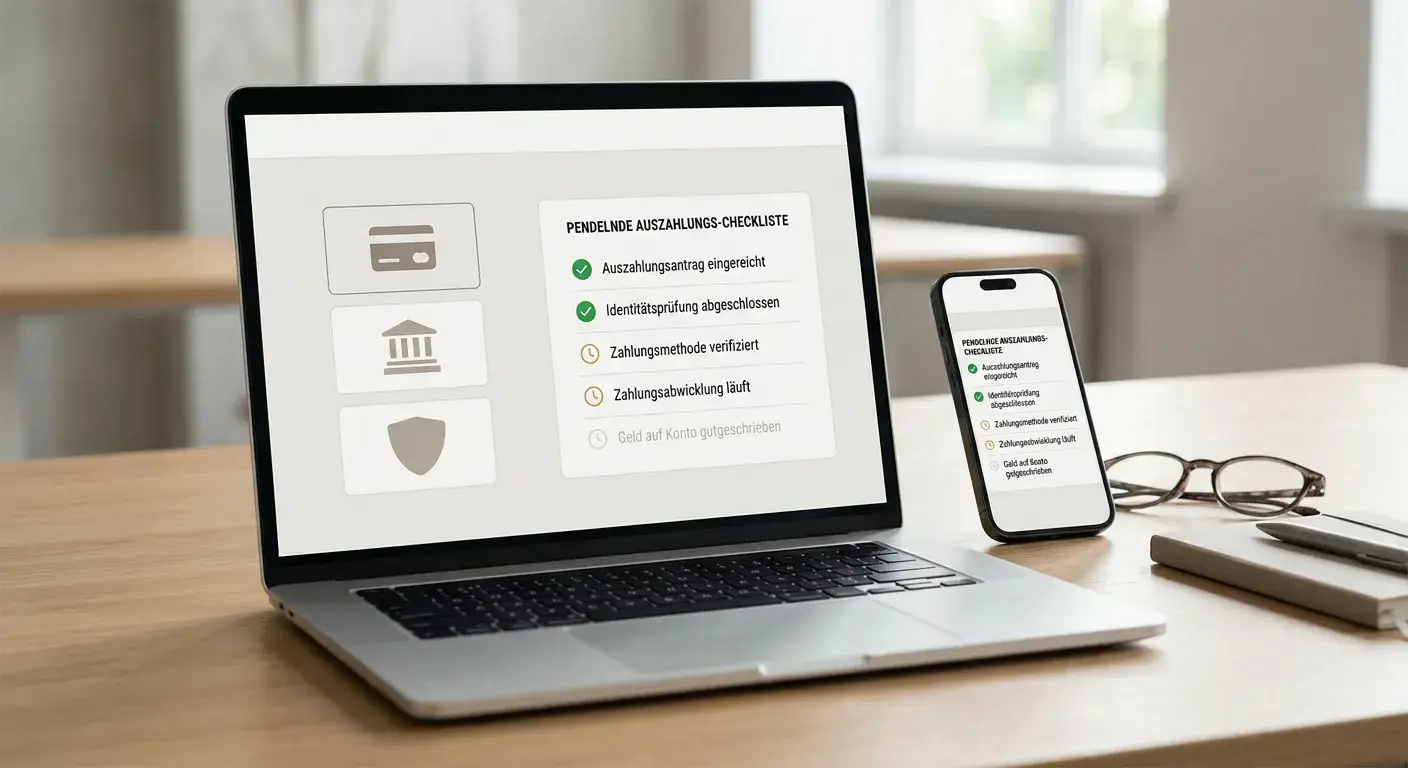 Neutrale Auszahlungsszene mit Smartphone, Paysafecard-Hinweis und geprüftem Konto