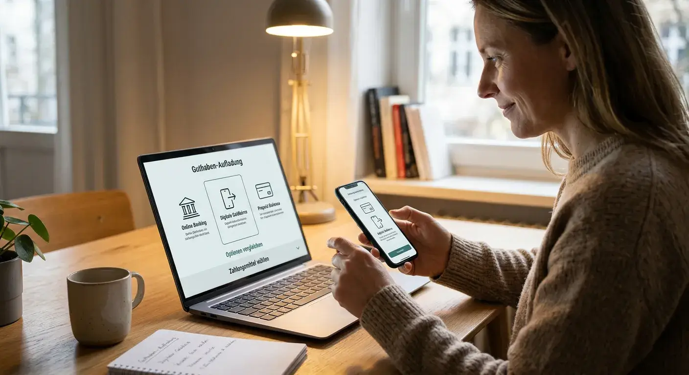 Person prüft Zahlungsmethode und Bonusbedingungen an einem Laptop