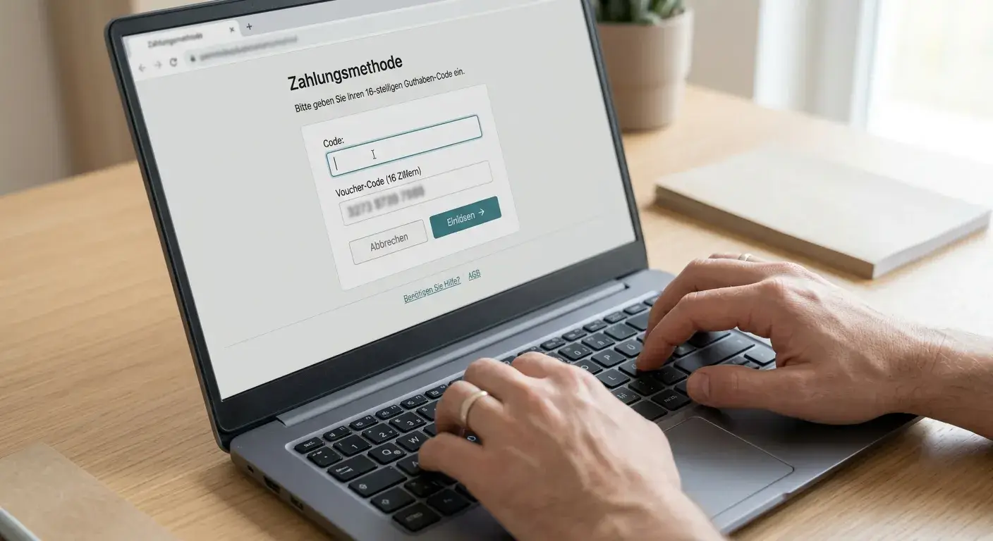 Erwachsene Hände bei der Eingabe eines neutralen Gutscheincodes am Laptop
