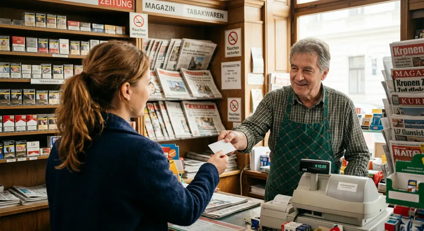 Frau an der Theke einer österreichischen Trafik, die eine Prepaid-Guthabenkarte entgegennimmt