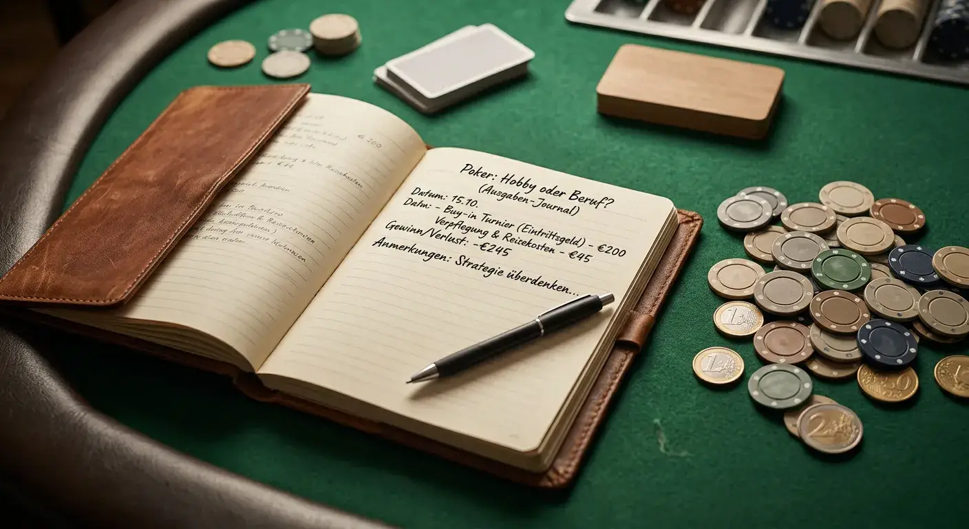 Pokerchips und Notizbuch auf einem Tisch, die Abgrenzung zwischen Hobby und Berufsspieler symbolisierend
