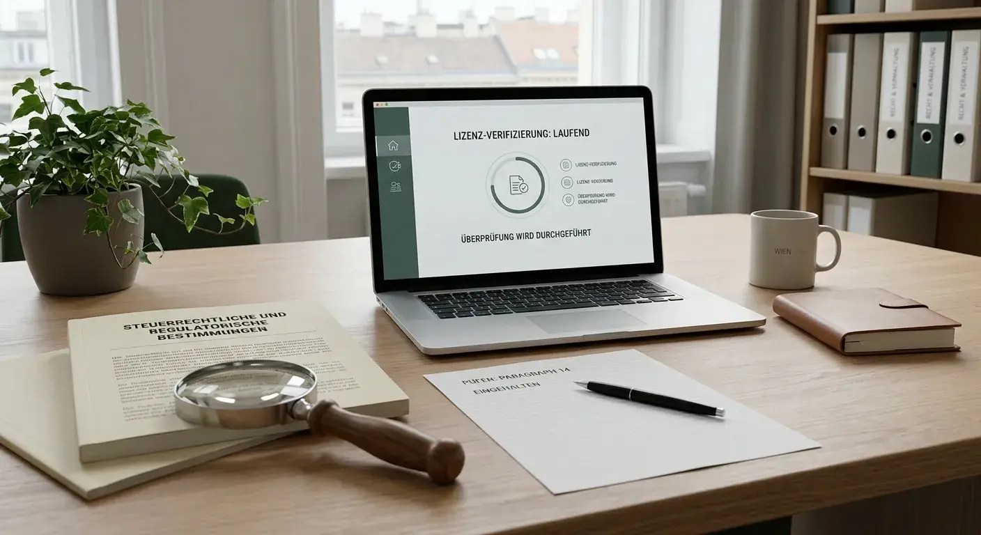 Neutrales Regulierungsdokument und Laptop mit abstrakter Lizenzprüfung