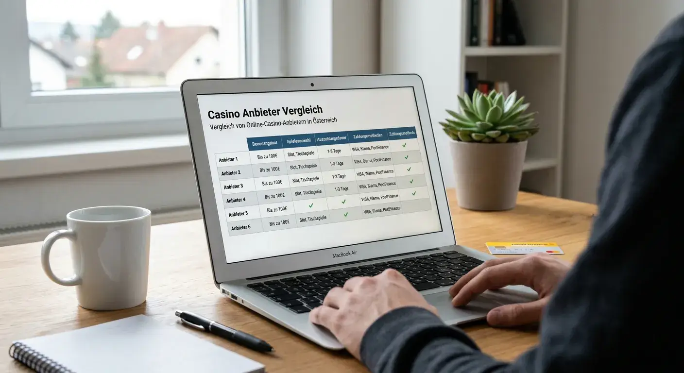 Neutrale Casino-Vergleichstabelle auf einem Laptop ohne Logos