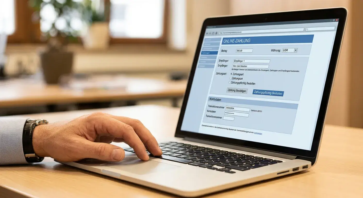 Person prüft Einzahlungsformular und Währungsangabe auf einem Laptop