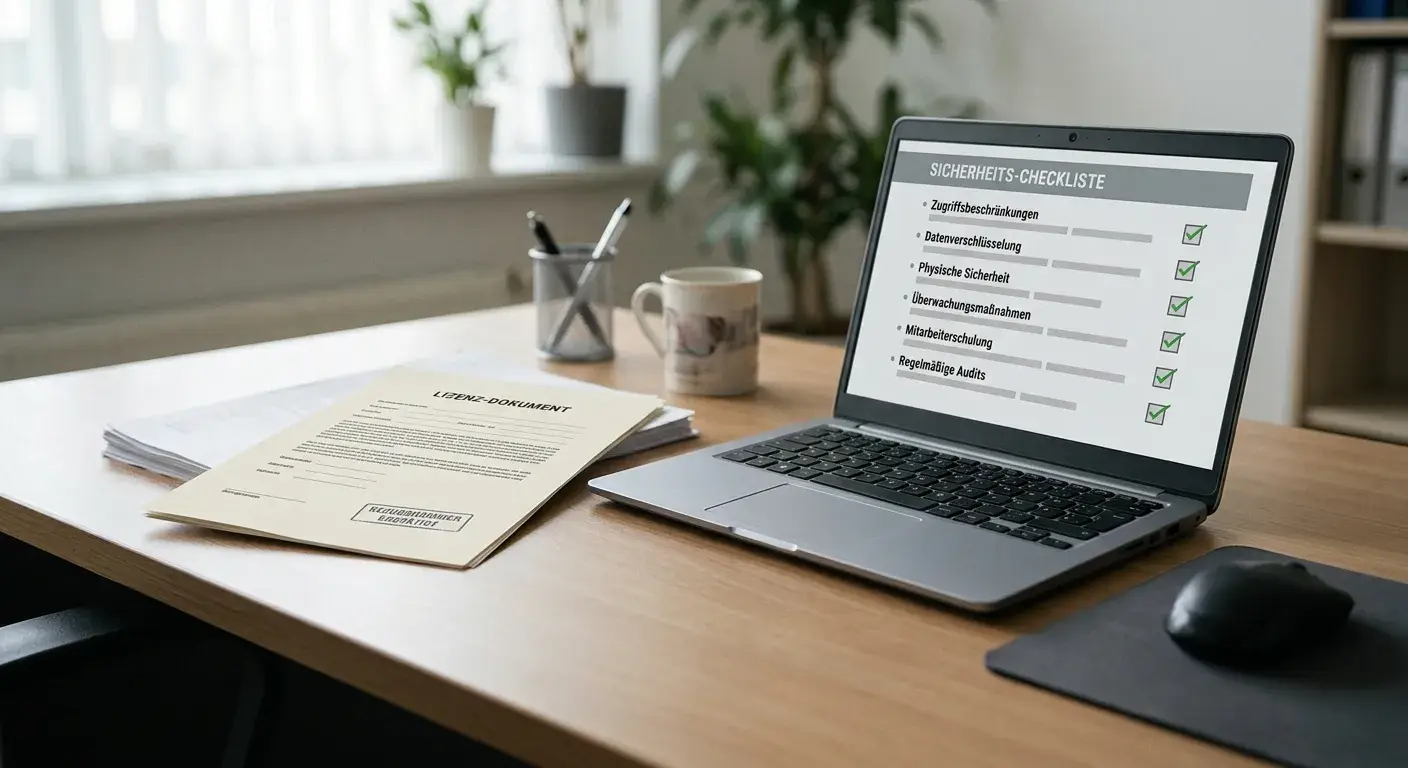 Neutrales Lizenzdokument neben einem Laptop mit Sicherheitsprüfung