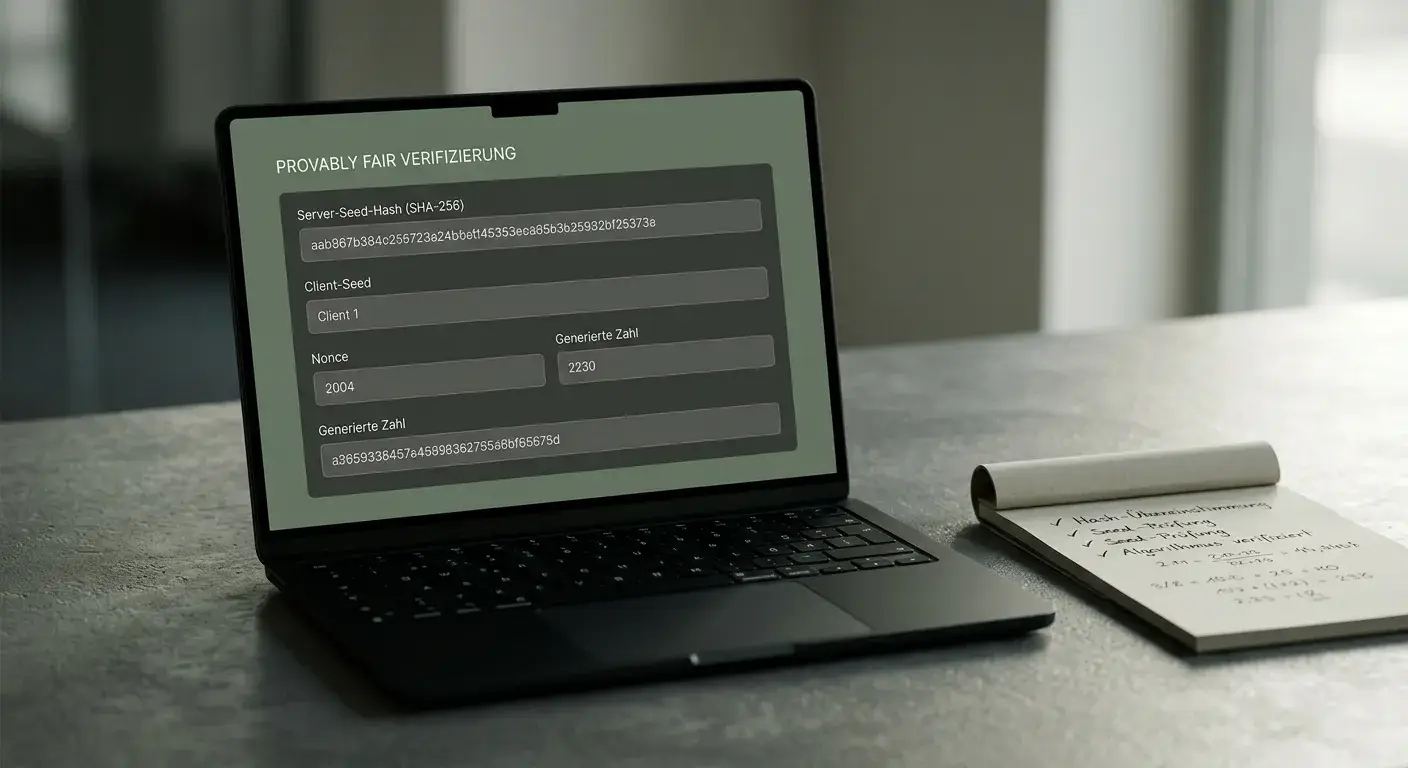 Laptop mit abstrakter Verifizierungsoberfläche und Notizbuch mit Häkchen daneben