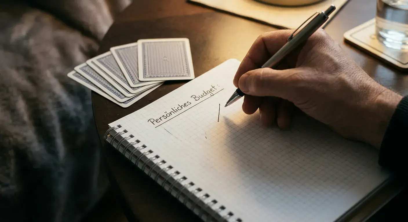 Hand mit Notizblatt für ein festes Spielbudget neben neutralem Kartenmotiv
