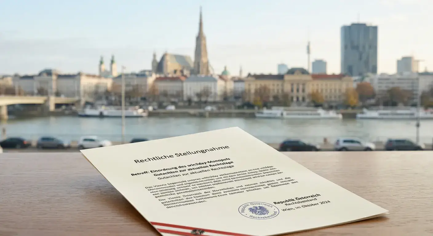 Stilisierte Wiener Skyline mit neutralem Dokument und österreichischer Flagge im Hintergrund