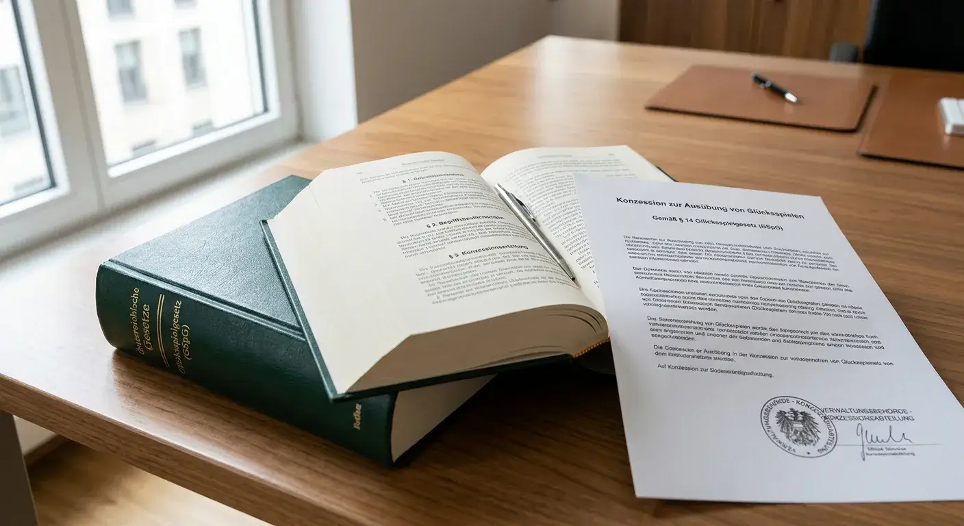 Österreichisches Gesetzbuch und Glücksspiel-Lizenz auf Schreibtisch