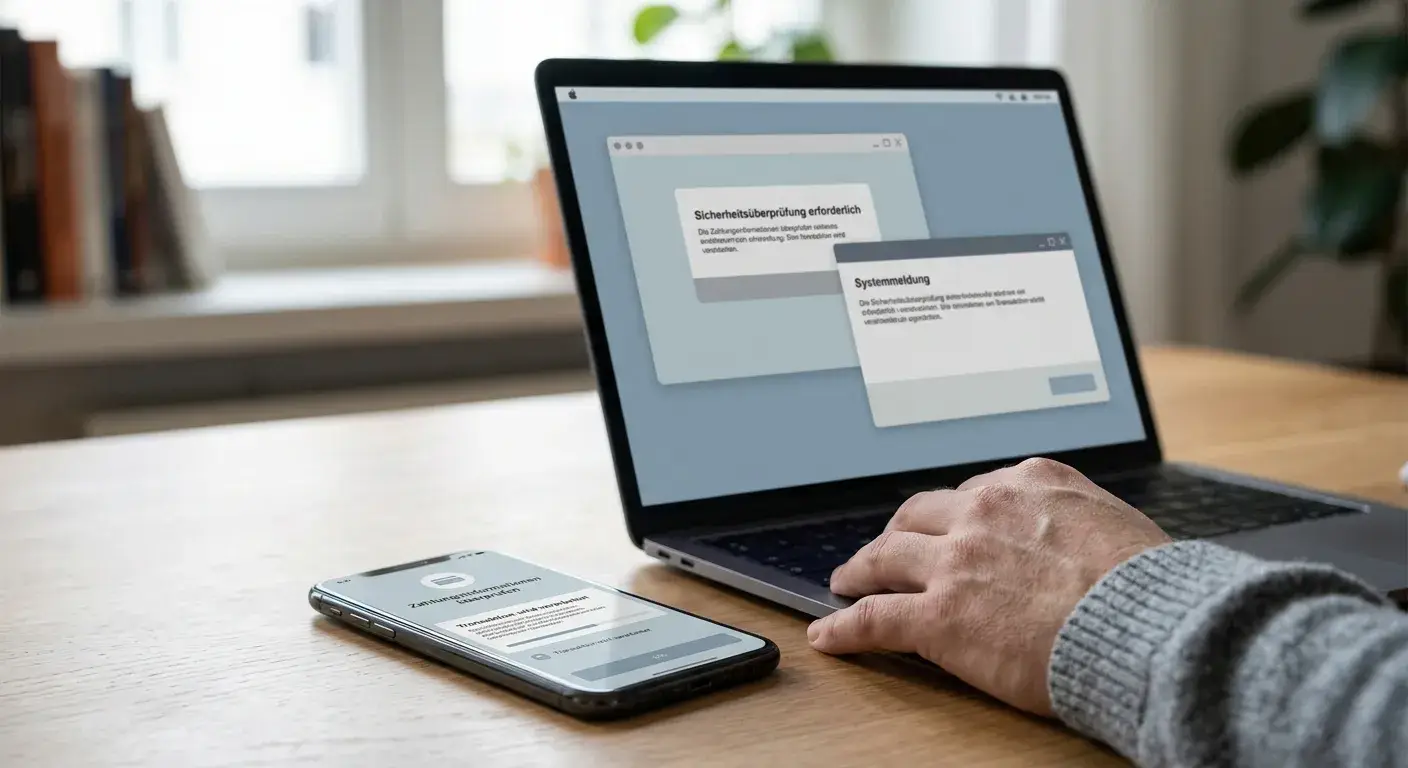 Smartphone mit neutraler Zahlungssperr-Warnung neben Laptop