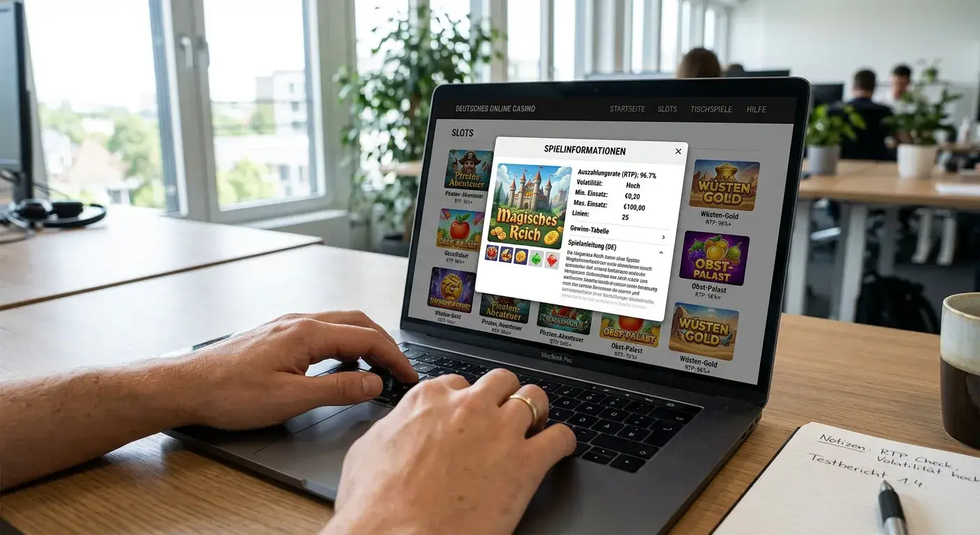 Laptop-Bildschirm mit Casino-Website und RTP-Info-Fenster geöffnet
