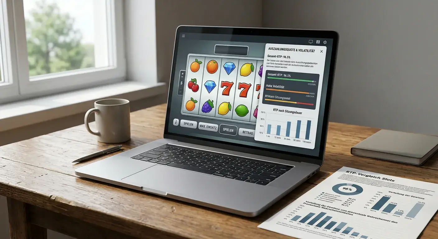 Laptop mit geöffnetem Spielautomat-Spiel und RTP-Statistik-Anzeige