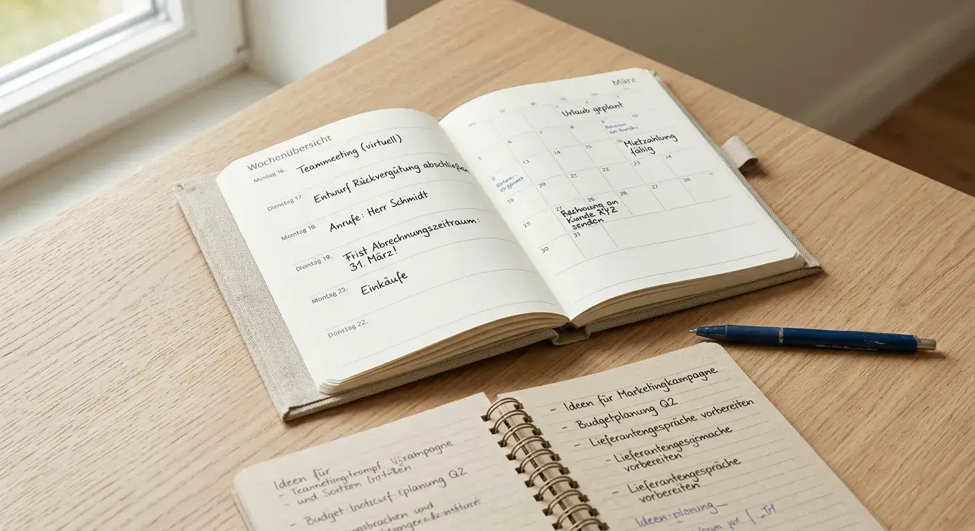 Kalender und Notizen zum Rückvergütung-Abrechnungszeitraum auf Schreibtisch