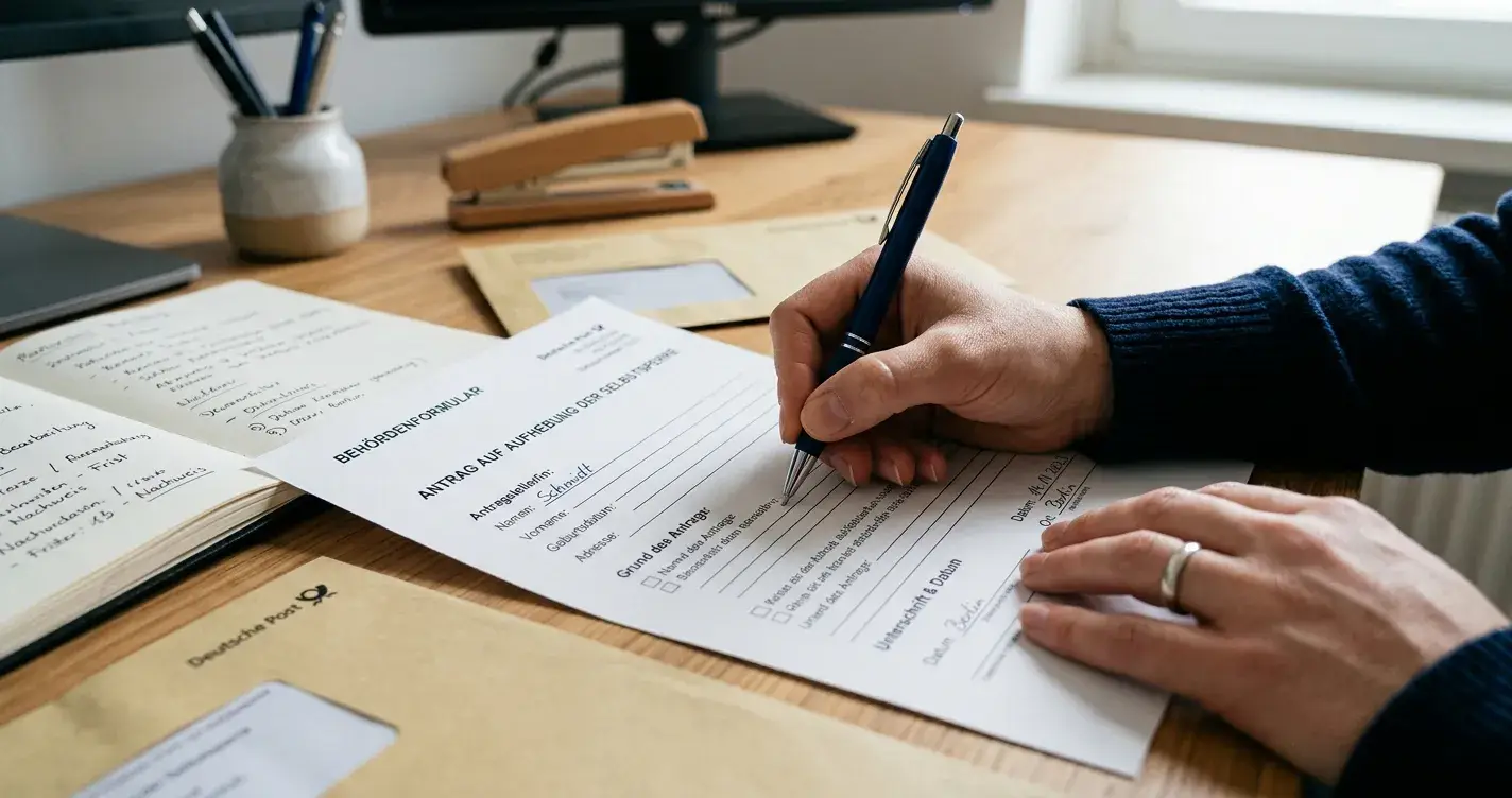 Person schreibt mit Stift auf einem offiziellen Formular an einem ordentlichen Schreibtisch