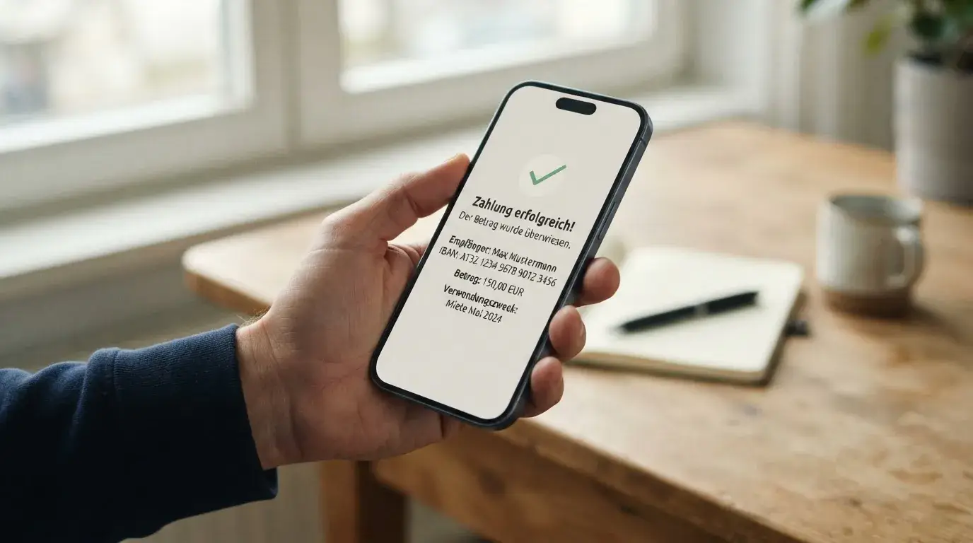 Smartphone mit neutraler Bank-App und bestätigter Echtzeitüberweisung