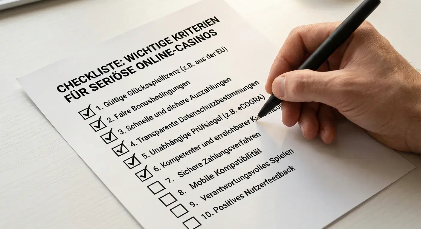 Hand mit Stift markiert fünf Prüfpunkte auf einer gedruckten Checkliste