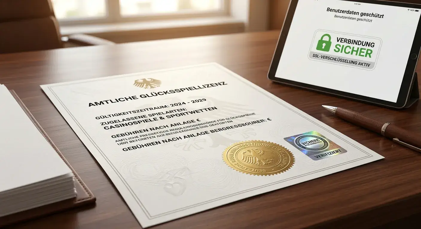 Sicheres Online-Casino mit SSL-Verschlüsselung und Lizenzdokument