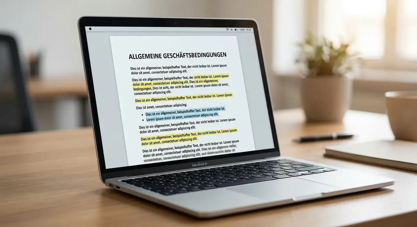 Laptop mit neutralen Bonusbedingungen und markierten Prüfpunkten
