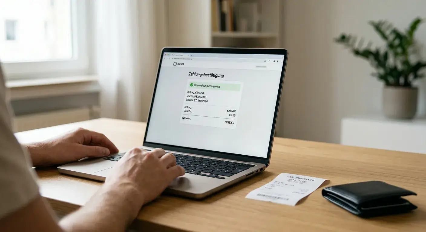 Schreibtisch mit Zahlungsbeleg und neutraler Online-Casino-Kasse