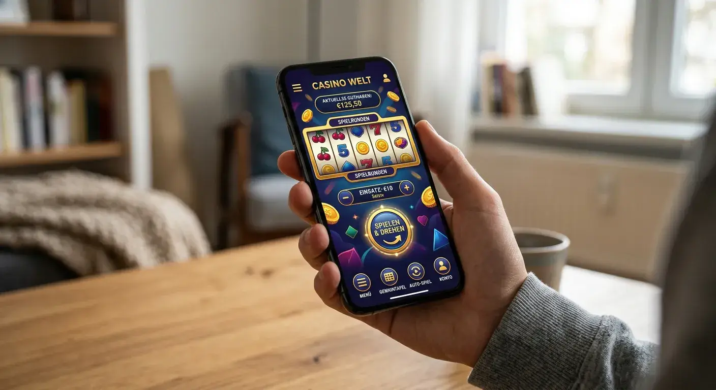 Smartphone in Hand mit Casino-App-Oberfläche