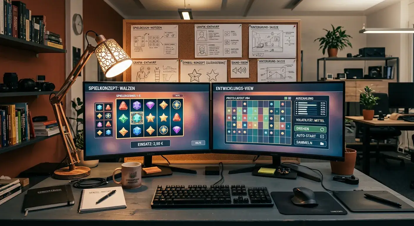 Spieleentwickler-Studio mit Dual-Monitoren und abstrakten Spielautomat-Rollen-Layouts