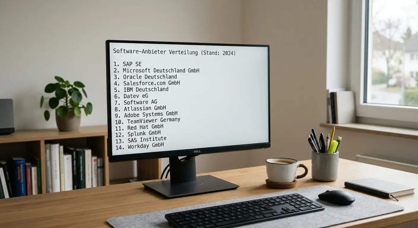 Ruhiger Arbeitsplatz mit Monitor und einer Liste von Spielanbietern ohne Logos