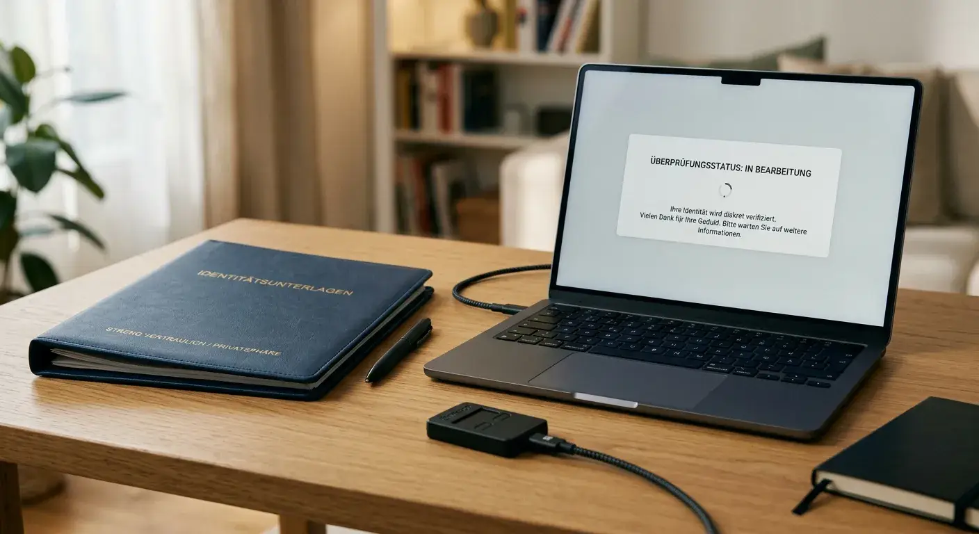 Wallet-Privatsphäre und KYC-Unterlagen in einer sachlichen Büroszene