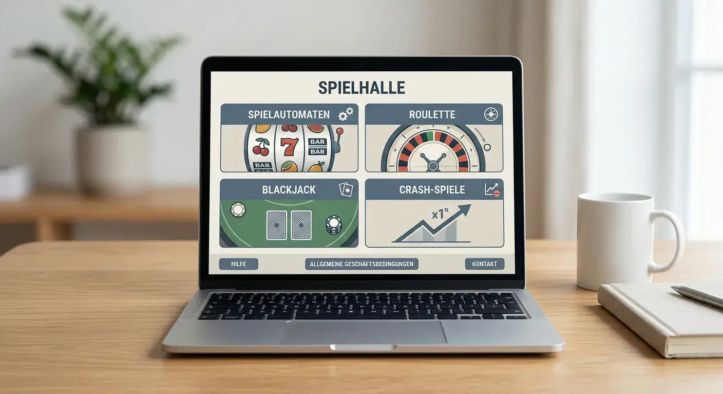 Neutrale Darstellung von Spielautomaten, Live-Casino und Tischspielen auf einem Bildschirm