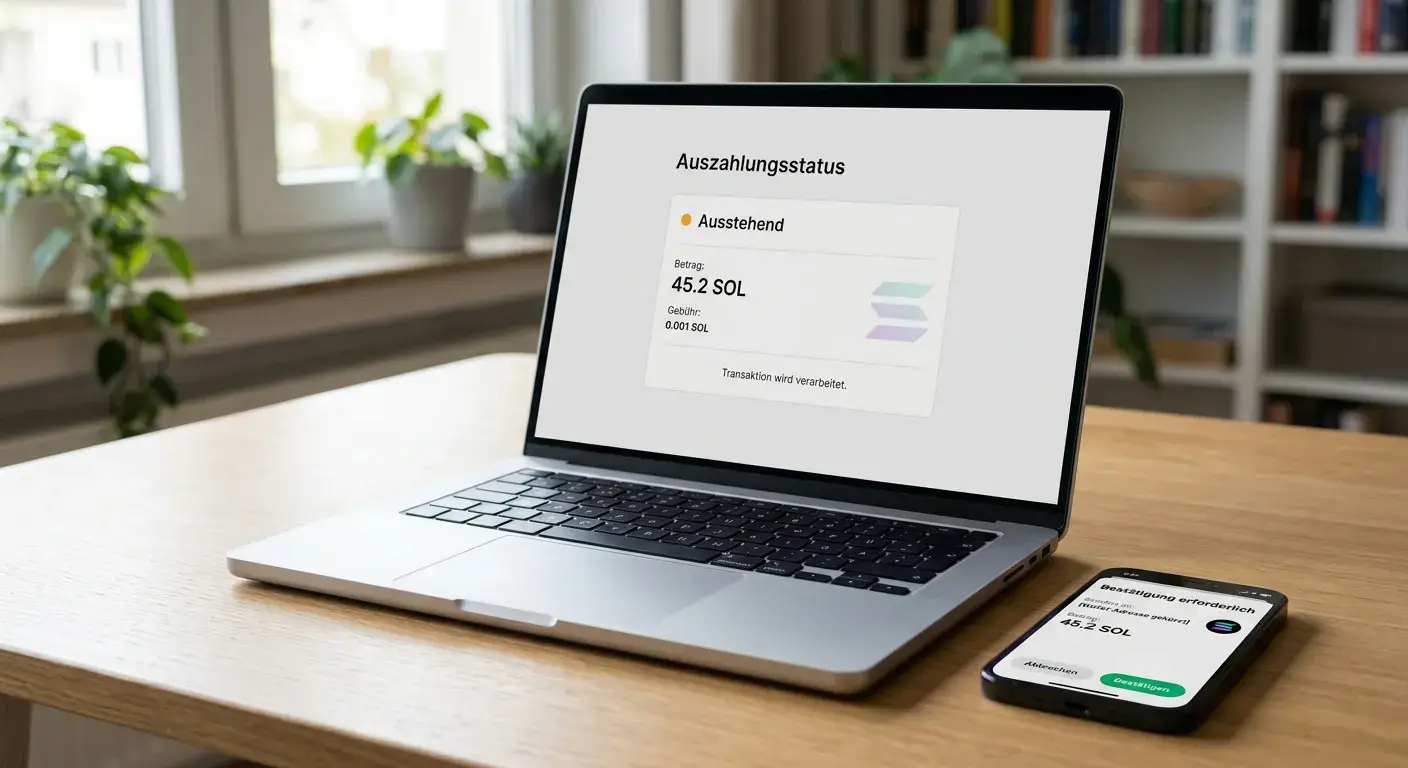 Solana-Wallet und Auszahlung an einem schlichten Arbeitsplatz