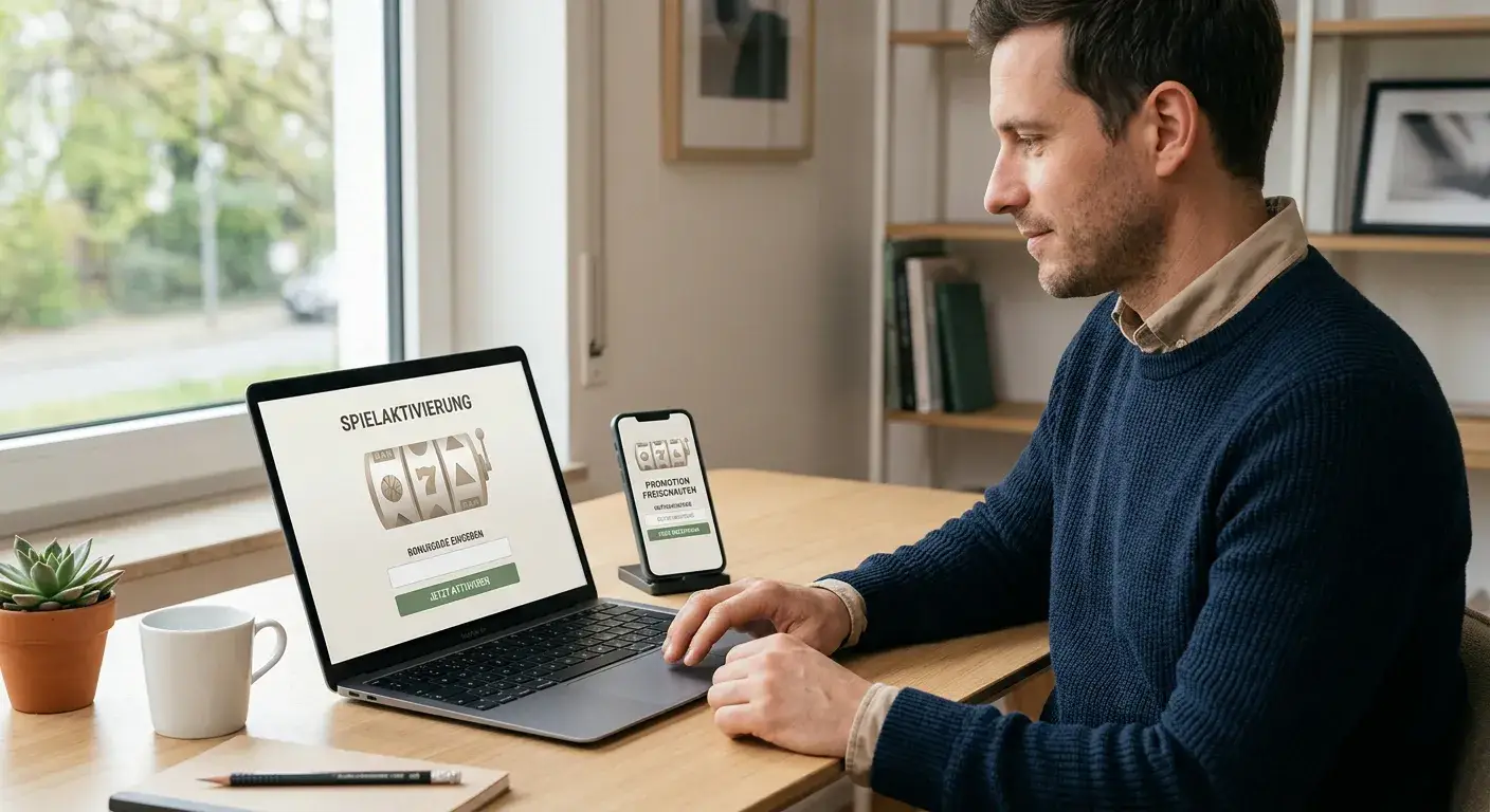 Laptop und Smartphone mit neutralem Spielautomaten- und Bonuscode-Menü