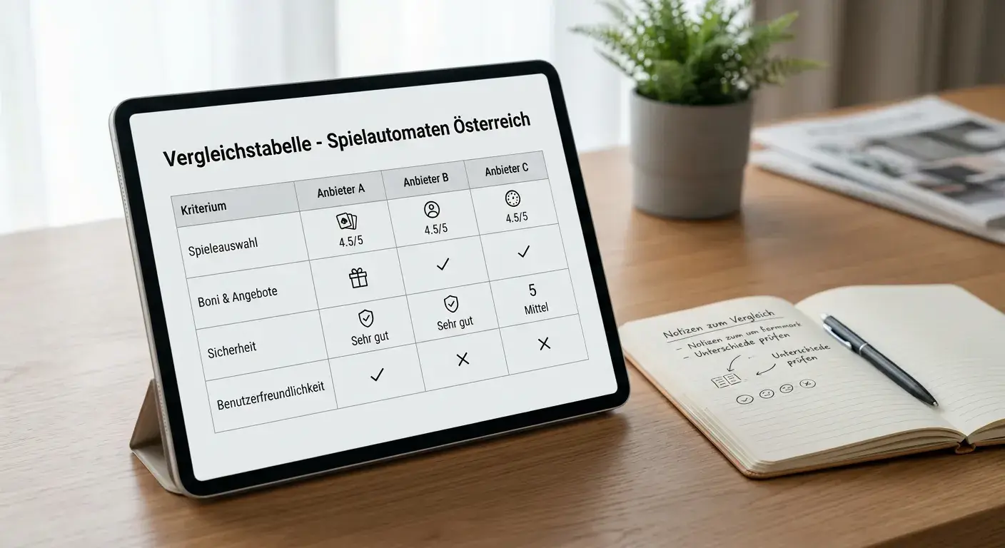Vergleichstabelle auf Tablet mit neun Anbieterprofilen für beste Online Spielautomaten Casinos