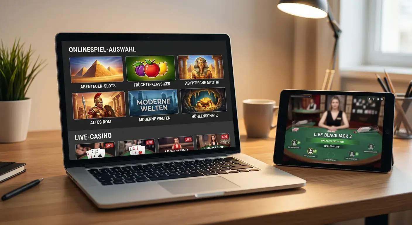 Spielautomaten und Live-Casino Auswahl auf Laptop und Tablet