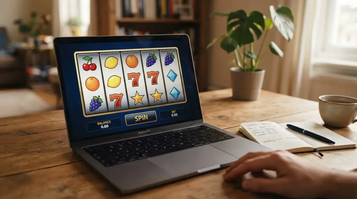 Laptop mit neutralen Spielautomaten-Symbolen und Notizblatt