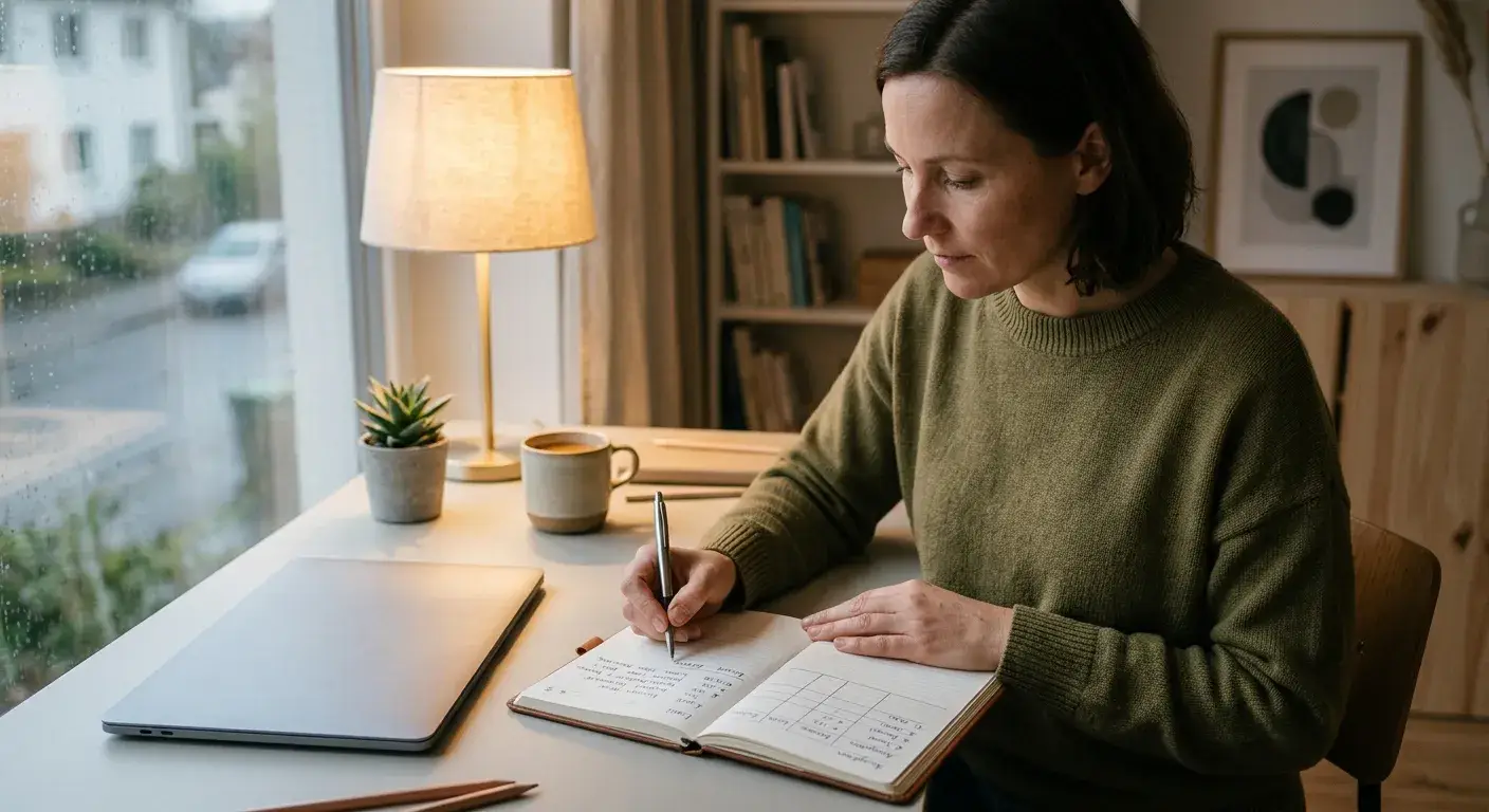 Ruhiges Arbeitszimmer mit Notizbuch und persönlichem Ausgabenlimit