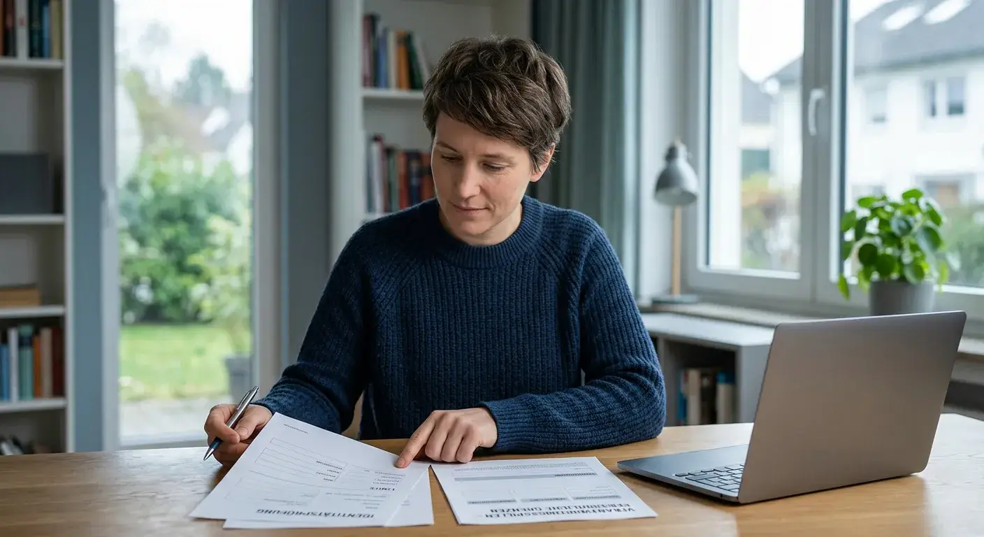 Ruhiger Arbeitsplatz mit Identitätsprüfungsunterlagen und geschlossenem Laptop für eine bewusste Entscheidung